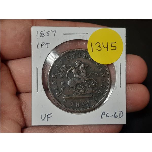 Province of Canada. 1857 Bank of Upper Canada pre-Confederation One Penny Token. PC-6D. St. George s