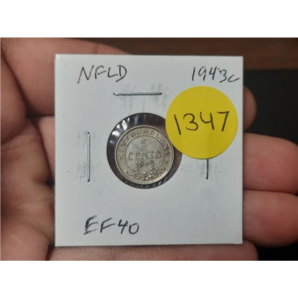 Newfoundland. 1943c Silver 5 Cents. World War II issue. EF40.