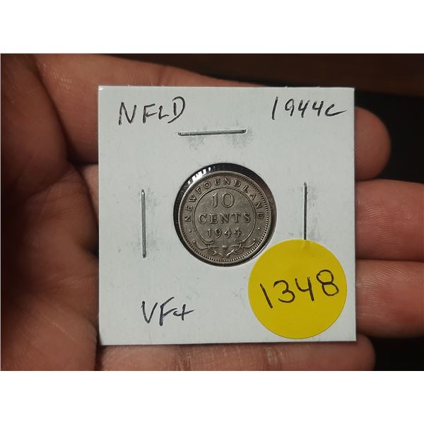 Newfoundland. 1944c Silver 10 Cents. World war II issue. VF30.