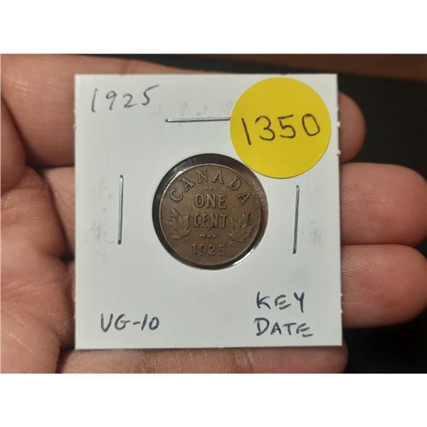 1925 Canadian Small Cent. Key Date. VG10.
