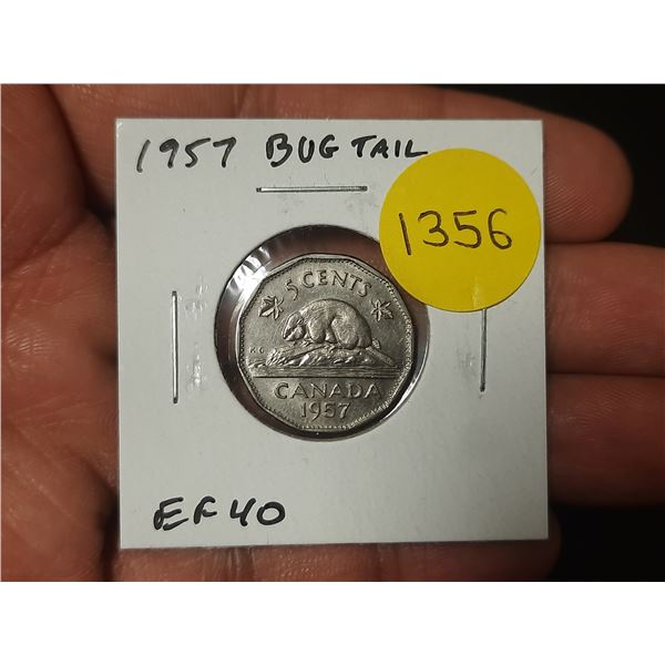 1957 Bug Tail 5 Cents. There is a small Die Chip on the end of the beaver’s tail that looks