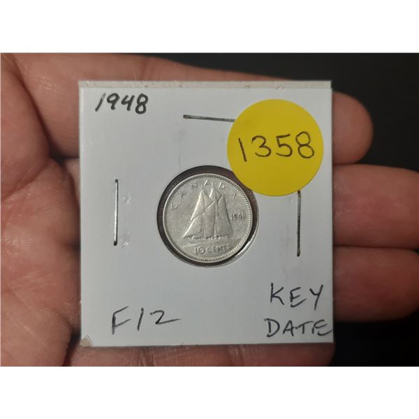 1948 Canadian Silver 10 Cents. Key Date. F12.