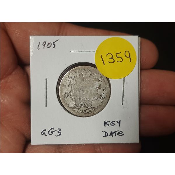 1905 Canadian Silver 25 Cents. Key Date. aG3 with readable date.