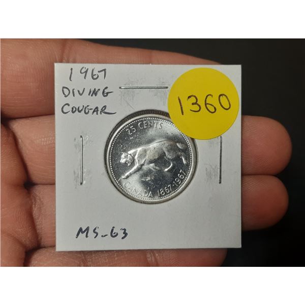 1967 Diving Cougar 25 Cents. Rotated Die. MS63. Scarce.