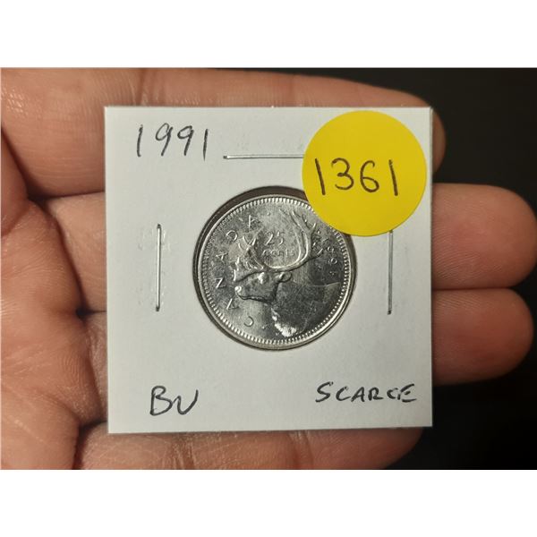 1991 Canadian 25 Cents. BU. Scarce.