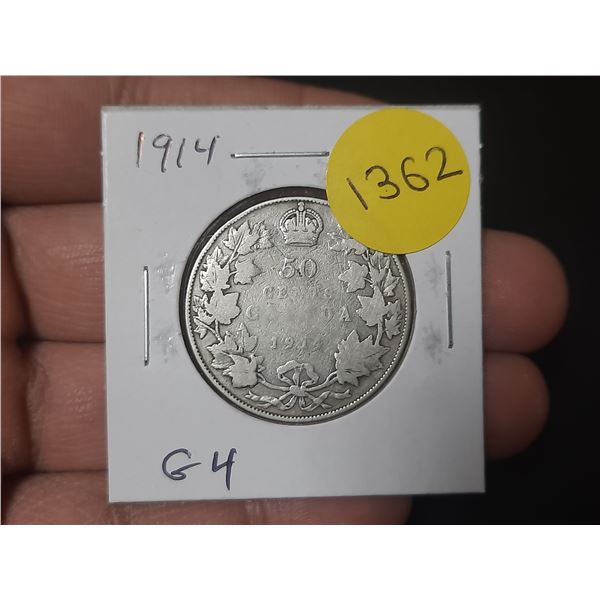 1914 Canadian Silver 50 Cents. Issued the first year of World War I. G4.
