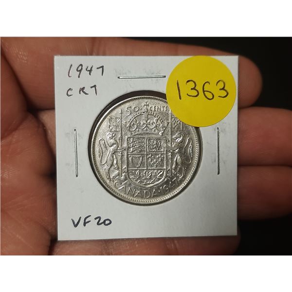 1947 Curved Right 7 Canadian Silver 50 Cents. VF20.