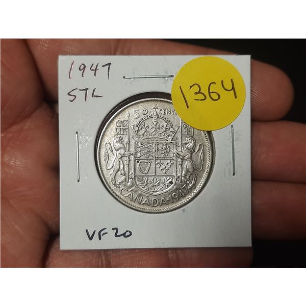 1947 Straight 7 Left Canadian Silver 50 cents. VF20.