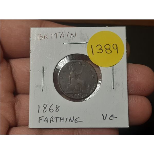 Great Britain. 1868 Farthing. Young Head Queen Victoria. VG.