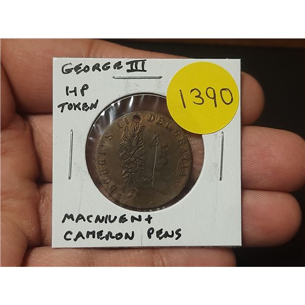 Great Britain. George III Half Penny Token. MacNiven & Cameron Pens are the Best. Holed for suspensi