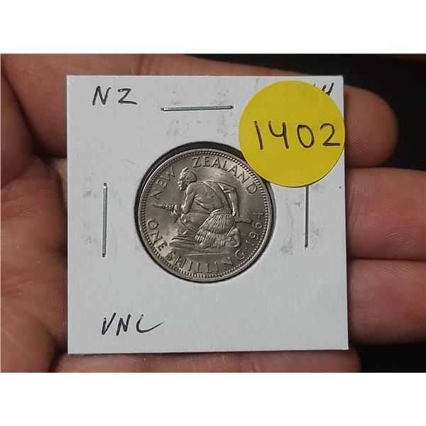 New Zealand. 1964 Shilling. Maori warrior. Uncirculated.