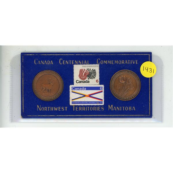 Canada Centennial Commemorative medal set for Northwest Territories and Manitoba. Includes 2 stamps.
