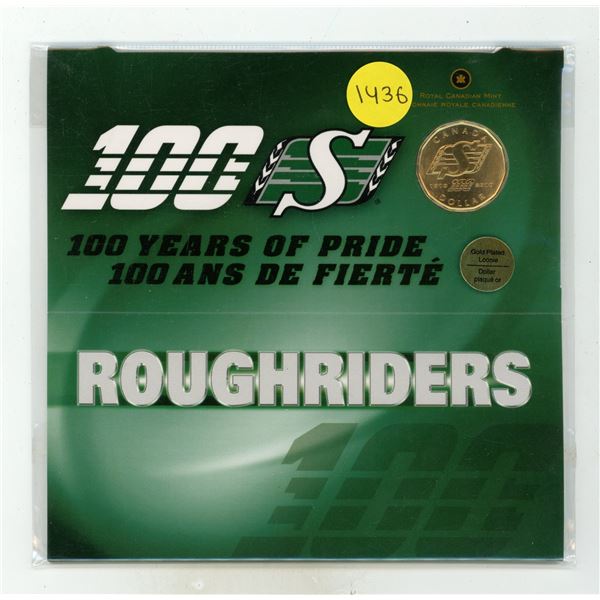 1910 – 2010 Saskatchewan Roughriders Gold Plated Loonie. Housed in its original unopened Ro