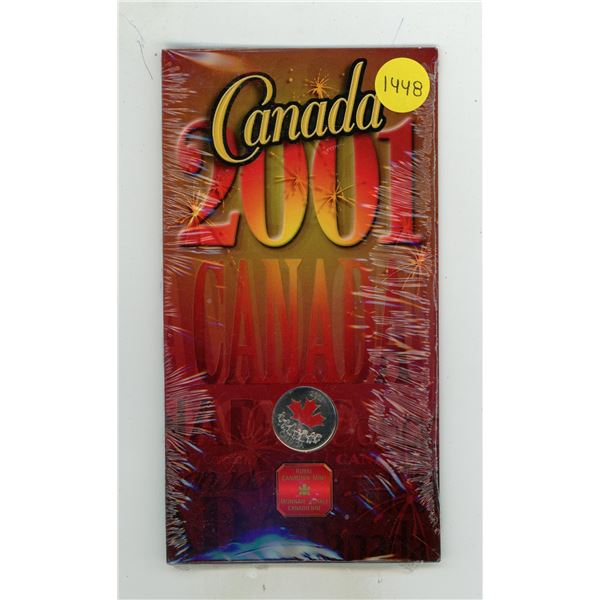 2001P Colourized Canada Day 25 Cents. Red Maple Leaf. Specimen. Housed in its original unopened Roya