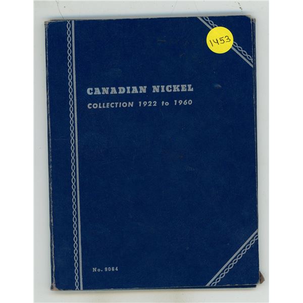 Canadian Nickel 5 Cents Collection 1922 to 1960. Missing only 1925 and 1926 Far 6. Housed in a blue 