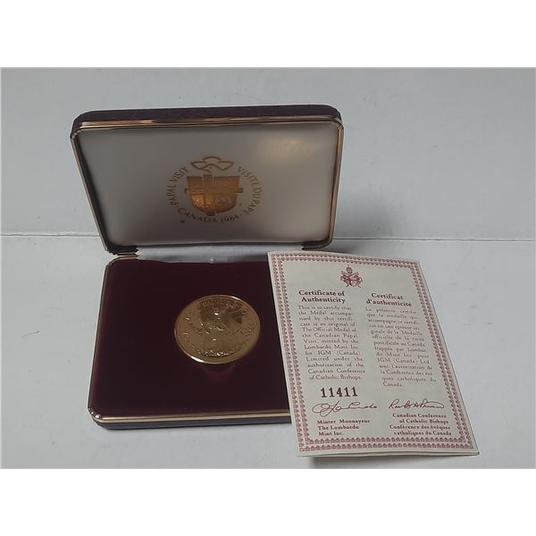 Pope John Paul II Papal Visit to Canada medal. Issued in 1984. Gold Plated. Housed in its original c