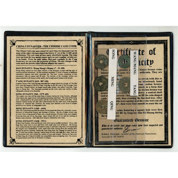 Set of 5 Chinese coins from 5 different Dynasties including Han, Tang, Song, Ming and QIng.