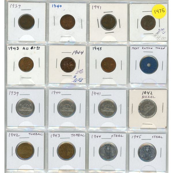 Complete set of Canadian World War II Cents and 5 Cents 1939 – 1945 plus a Meat Ration Toke