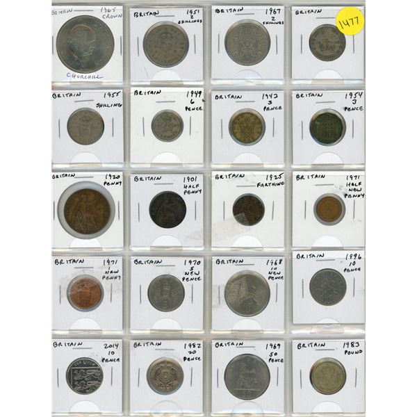 Set of 20 British coins including Churchill Crown and a Pound. Coins date from 1901 to 2014.