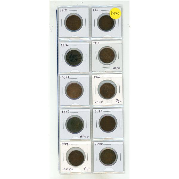 Set of 10 Canadian Large Cents from 1910 to 1920. Coins grade up to EF40.