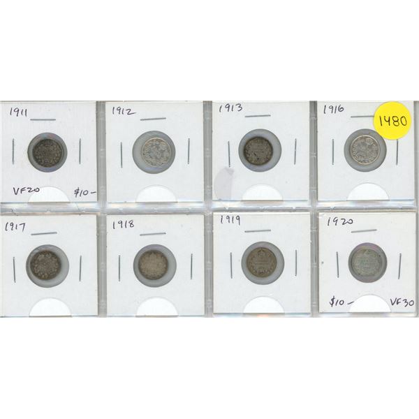 Set of 8 Canadian Silver 5 Cents from 1911 to 1920. Coins grade up to VF30.