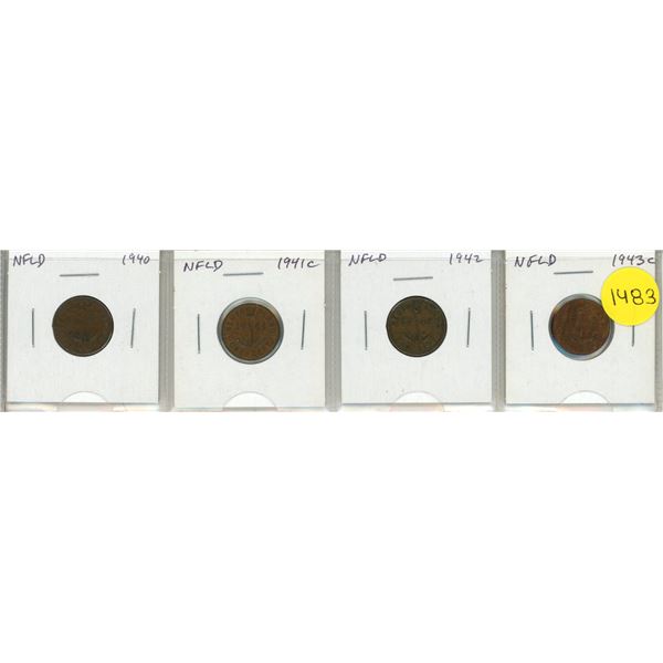 Set of 4 Newfoundland 1 Cent coins from World War II. 1940 – 1943c. VF+ – AU.