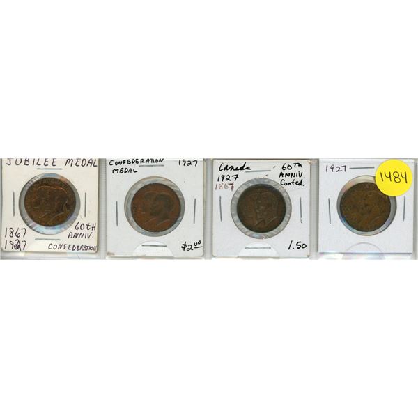 Lot of 4 1867 – 1927 Canadian Confederation medals commemorating the 60th Anniversary of Ca