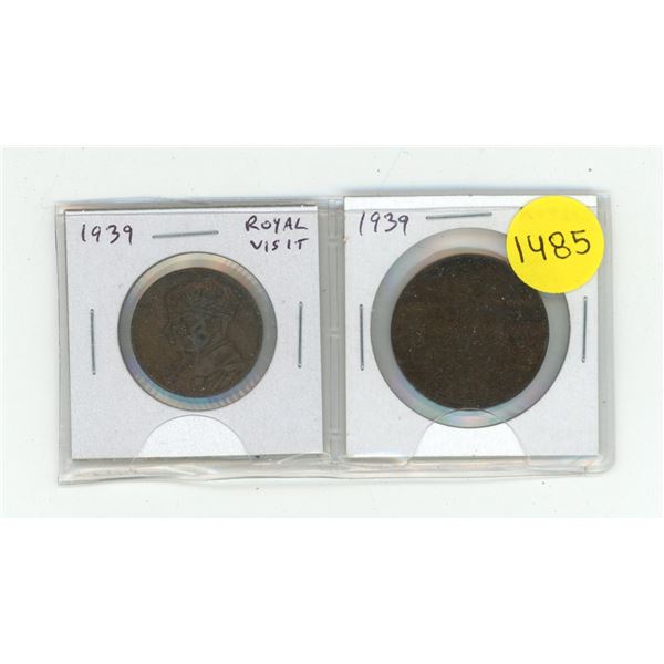 Set of 2 different 1939 Royal Visit to Canada medals. Small Bronze and Large Bronze.