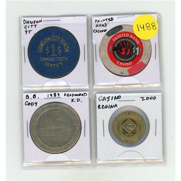 Set of 4 Casino Tokens including Dawson City Yukon Territory.