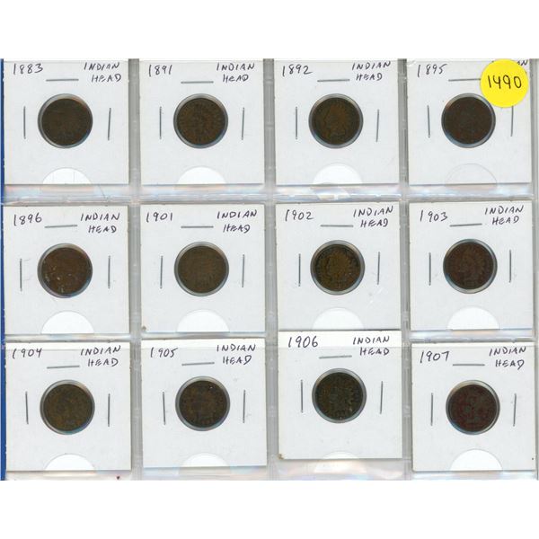 Set of 12 U.S. Indian Head Cents from 1883 to 1907.