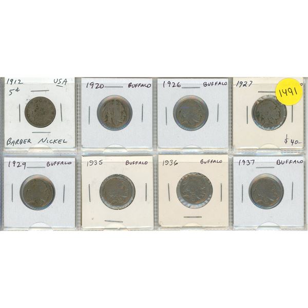 Set of 8 U.S. Barber and Buffalo Nickels from 1912 to 1937.