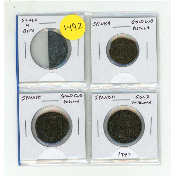 Set of 4 Imitation Spanish coins including Silver 4 Bits, Gold Cob Pistole, Gold Cob Doubloon and 17