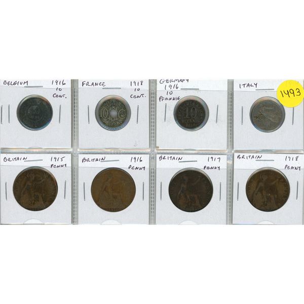 Set of 8 World War I coins from Belgium, France, Germany, Italy, and Great Britain.