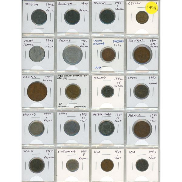 Set of 20 World War II coins including Belgium under Nazi occupation, Vichy France, Italy under Muss