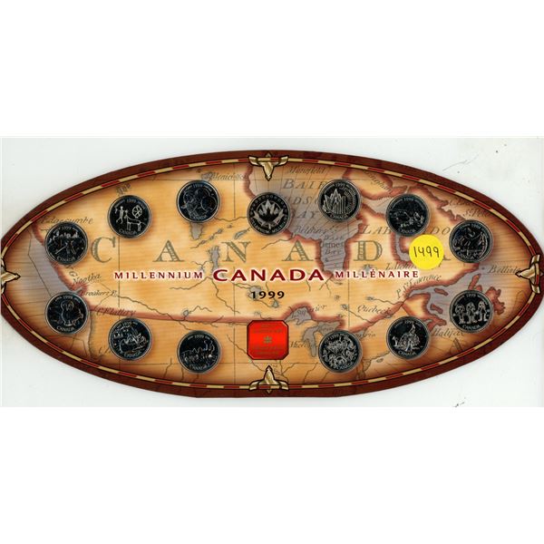 1999 Canada Millennium Set. Includes 12 different 25 Cents, plus a Mint Medal. As issued by the Roya