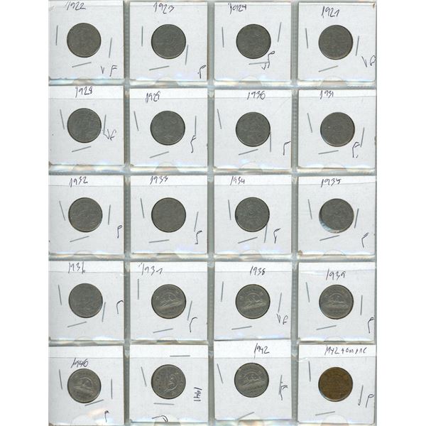 Binder of Canadian 5 Cents - 1922-1924, 1927-1942, 1942-1969. (Total 48 Coins)