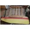 Image 1 : Vintage folding ironing board with a striped cover (Height 35"), positioned in front of a wooden dry