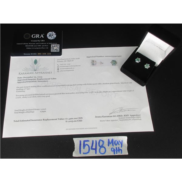 #1548-2.00 CT GRA CERTIFIED ROUND BRILLIANT CUT MOISSANITE STONE VVS INTENSE GREENISH BLUE COLOR SET