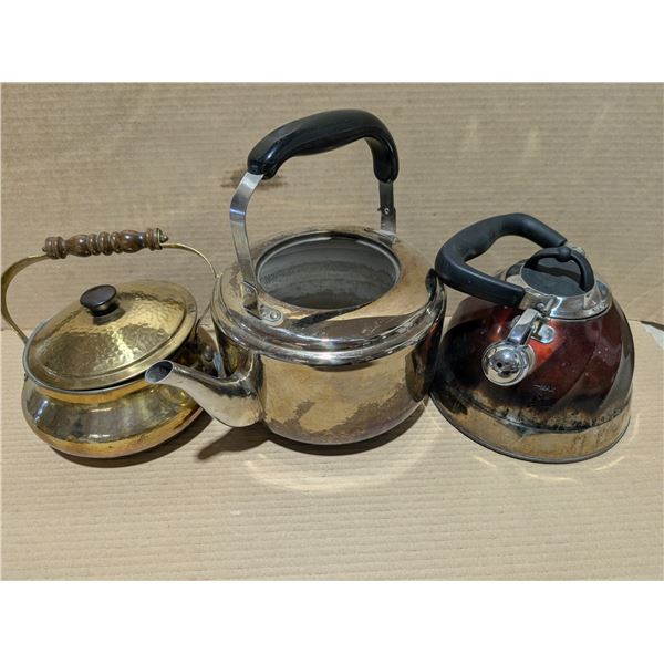 Possible Vintage Brass Coloured Pot W/ Handle and (2) Vintage Kettles