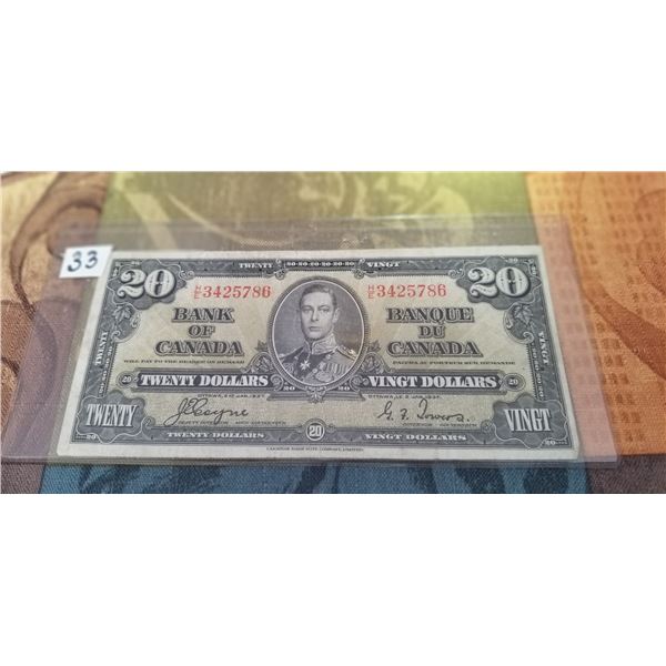 1937 $20.00 CDN. Banknote  H/E3425786 Co/To