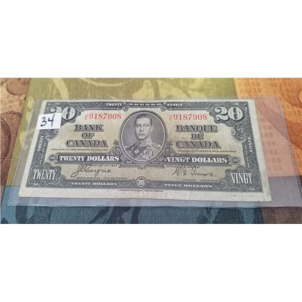 1937 $20.00 CDN. Banknote  J/E9187908 Co/To
