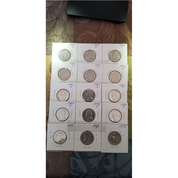 15 USA quarters ranging from 1976 to 1995