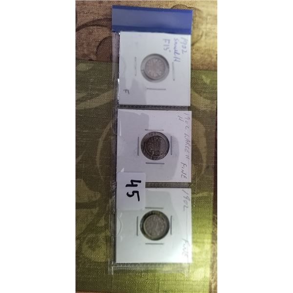 1902 silver 5 cent Small, large H and 1902 Plain 3 coins