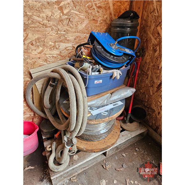 Pallet Lot : Heavy Cable; Sling; Snatch Block; Hose Reel; Tire Chain Tool; etc