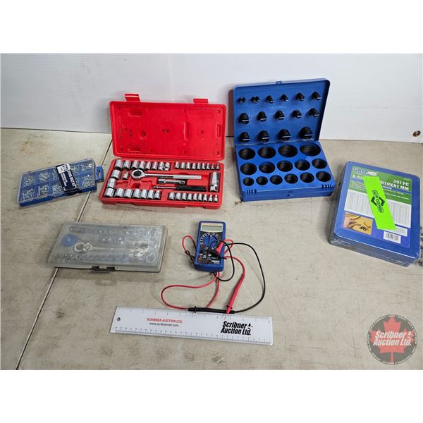 Tool Grouping/Combo : Socket Sets 3/8" & 1/4" Drive (2) ; Digital Multi-Meter; Stove Bolt Kit ; O-Ri