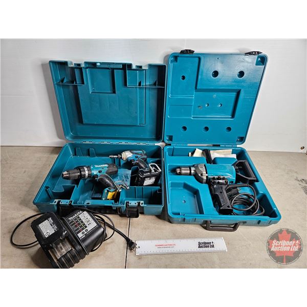 Makita Combo : - 18v Drill & 1/4" Impact - 1/2" Drive Corded Drill (w/Cases)
