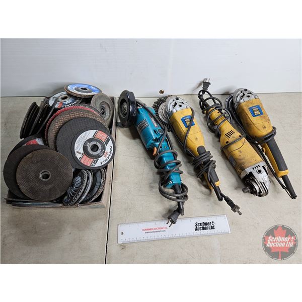 Angle Grinder Combo/Grouping : - (3) Powerfist - (1) Makita  c/w Large Variety of grinding discs