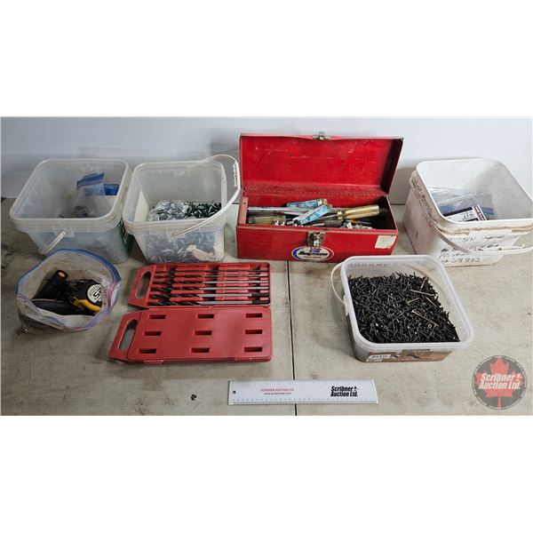 Variety Grouping/Combo : Drill Bits; Sockets; Wrenches; Screw Drivers; etc + Metal Hand Held Tool Bo