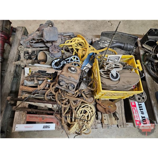 Pallet Lot : Variety of Rustic Antiques ; Pullies & Wheels ; Telephone ; etc