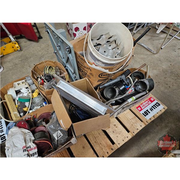 Pallet Lot: Variety of Plumbing / Electrical (12v / 110v) ; Joist Hangers; Hinges